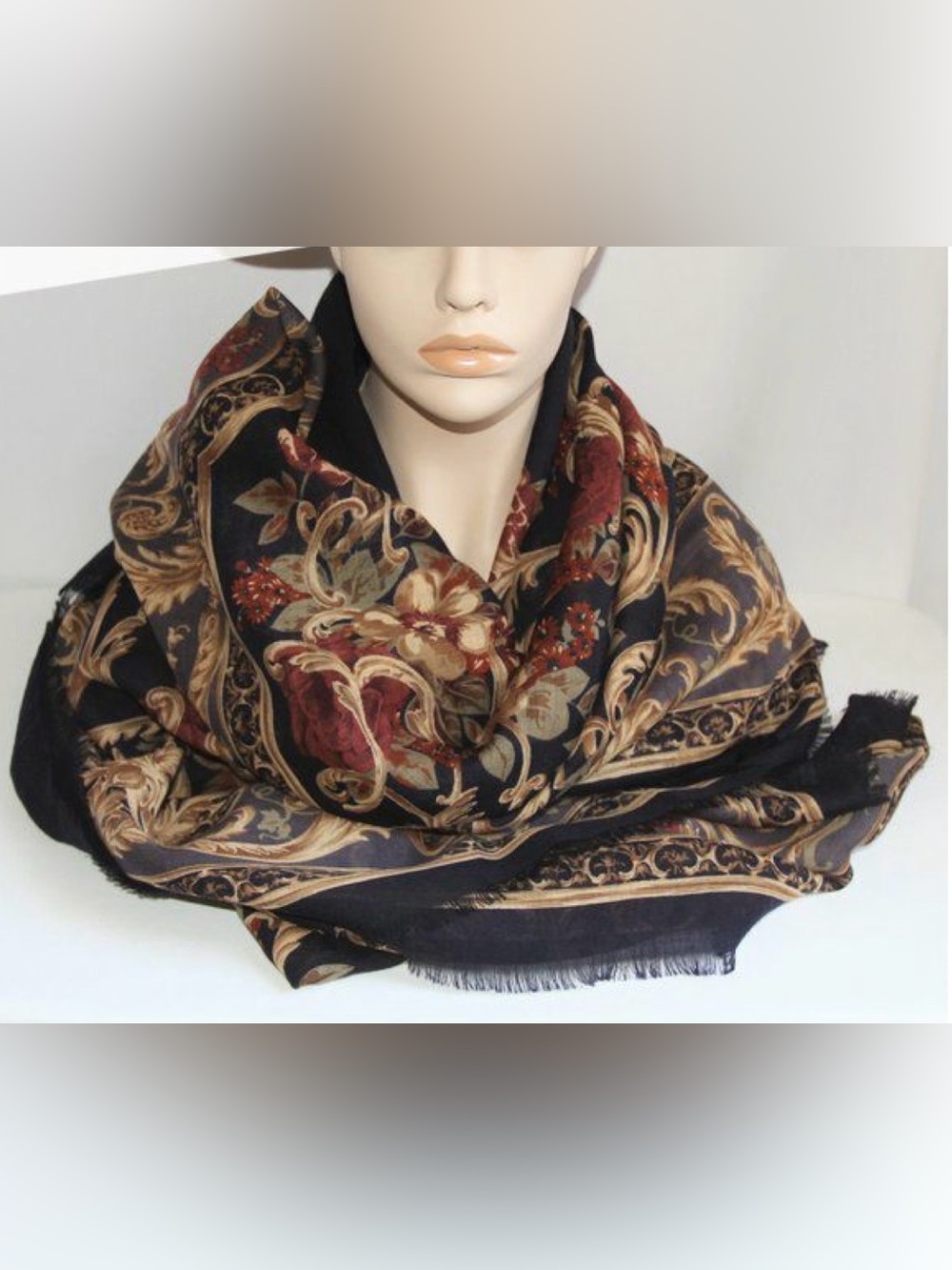 Salderini liberty wool Black Scarf with Red and Gold Floral Paisley